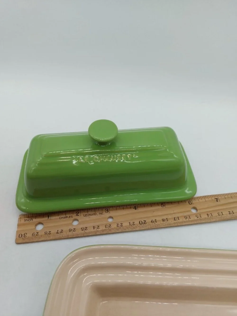 Le Creuset Butter Dish Stoneware Glazed Green Tan